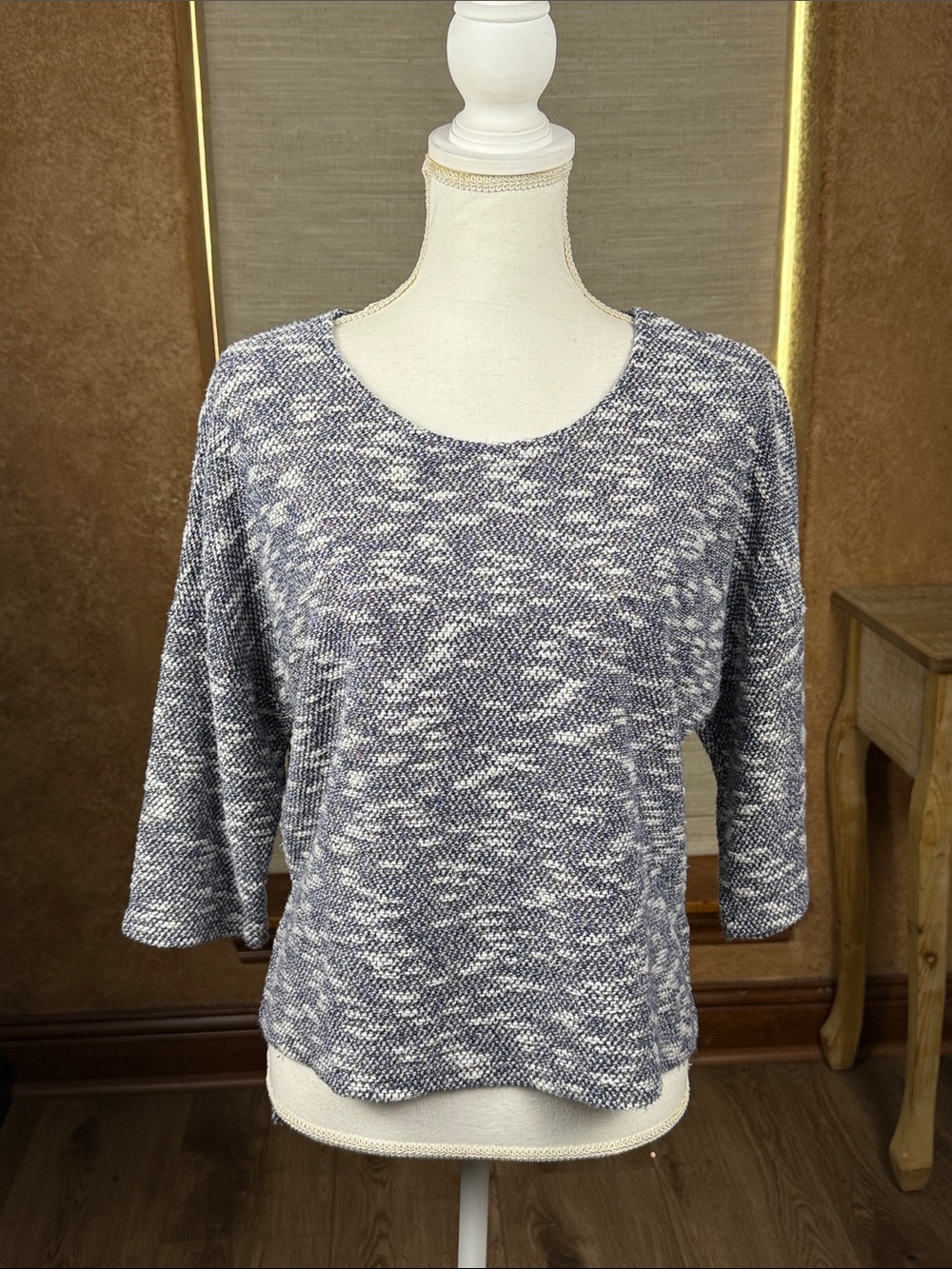 Umgee Cotton Blend Top Blue Silver Hi Lo Hem 3/4 Sleeve